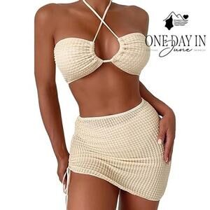 Aleumdr Textured Halter Bandeau 3 Piece Bikini Swimsuit Size XS